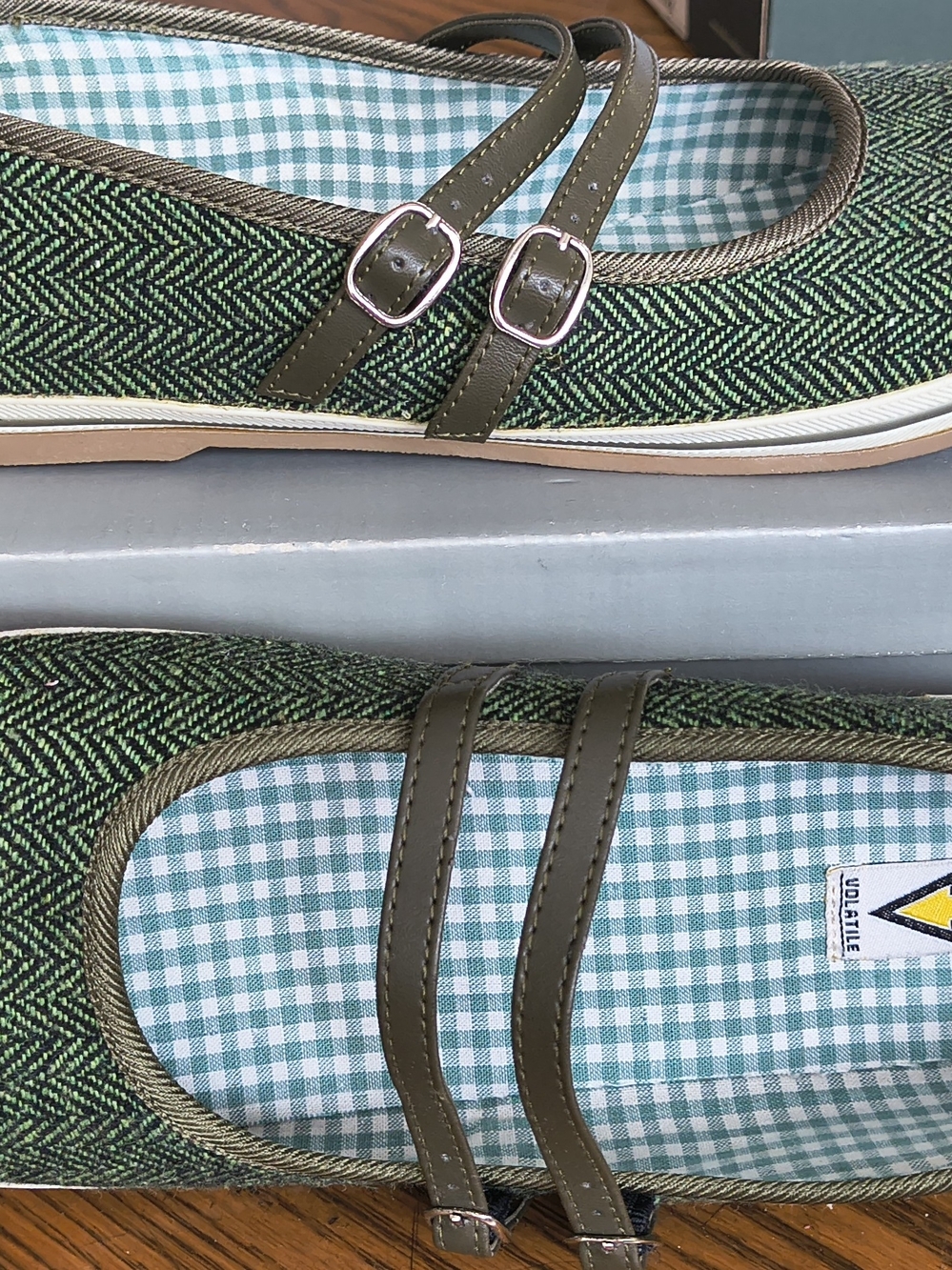 Volatile Olive Green Patterned Mary Jane Flats with Double Straps